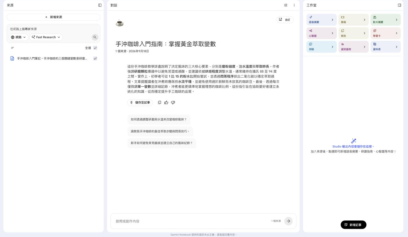 Gemini Notebook 三欄操作介面：左側來源、中間對話、右側 Studio